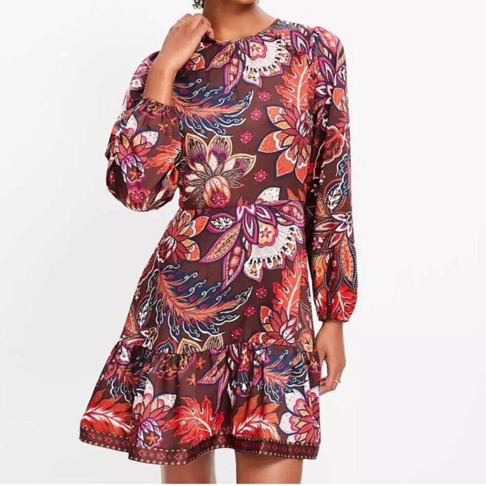 LOFT Petites Women 10P Paisley Long Sleeve Shoulder Button Flounce Dress NWT